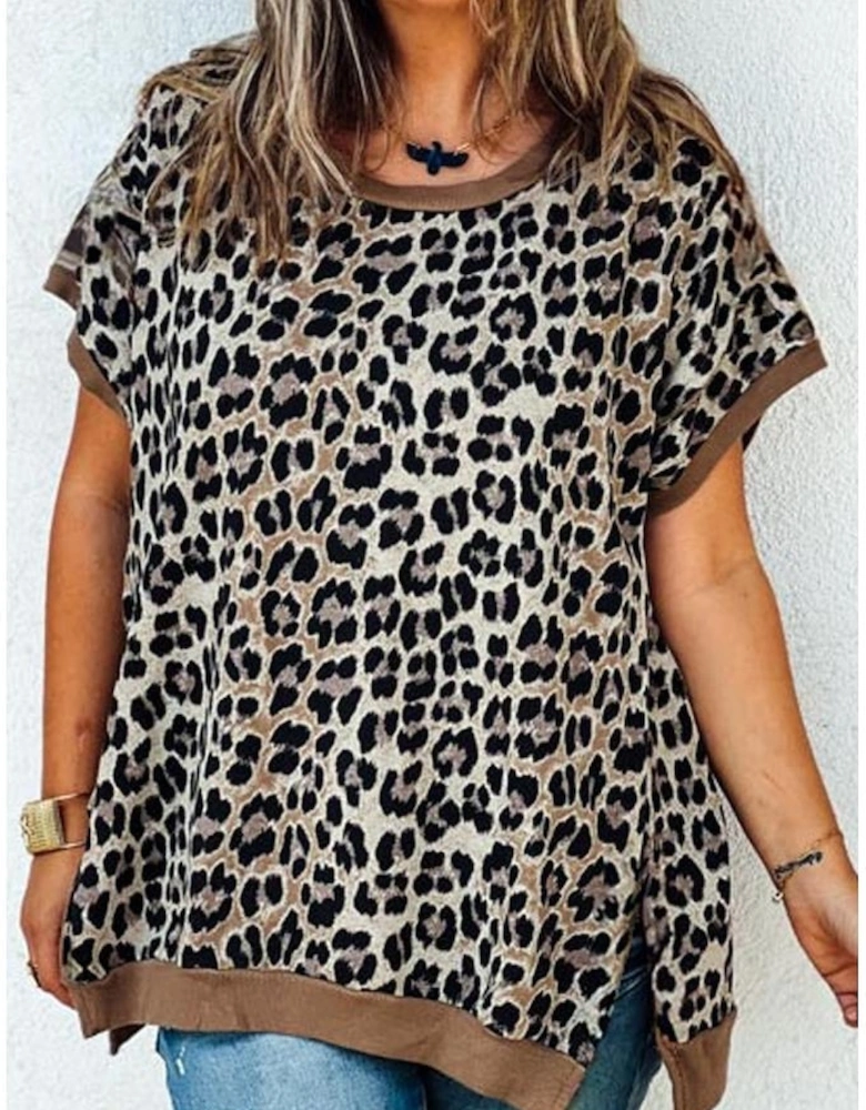 Khaki Leopard Contrast Trim Short Sleeve Loose Plus Size Top