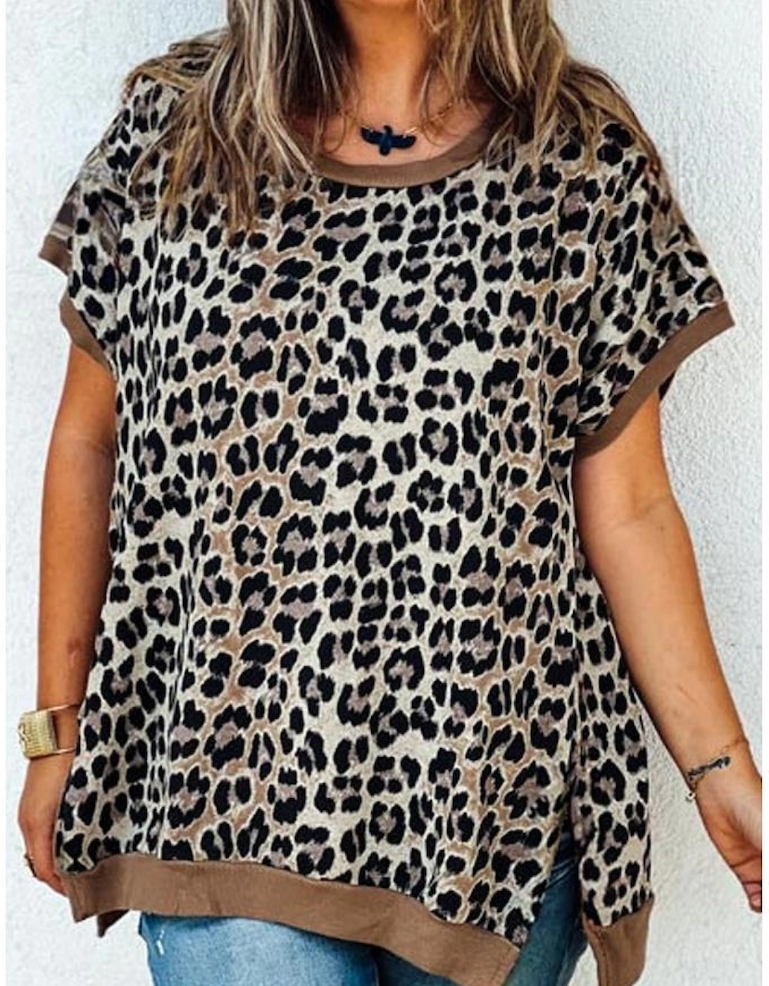 Khaki Leopard Contrast Trim Short Sleeve Loose Plus Size Top, 16 of 15