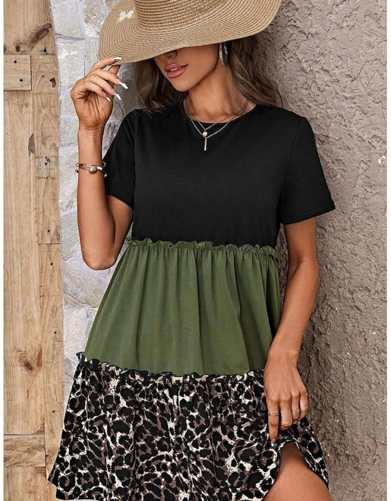 Jungle Green Leopard Print Colorblock Frill Trim T-shirt Dress
