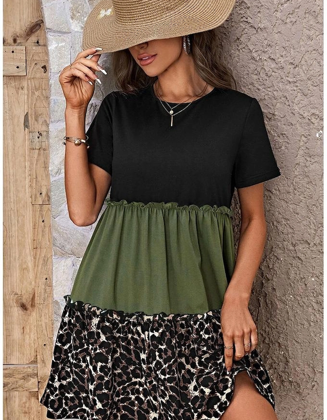 Jungle Green Leopard Print Colorblock Frill Trim T-shirt Dress