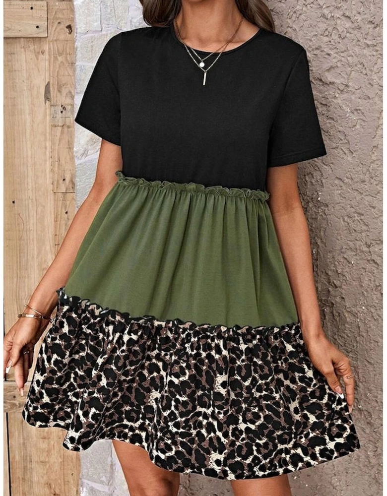 Jungle Green Leopard Print Colorblock Frill Trim T-shirt Dress