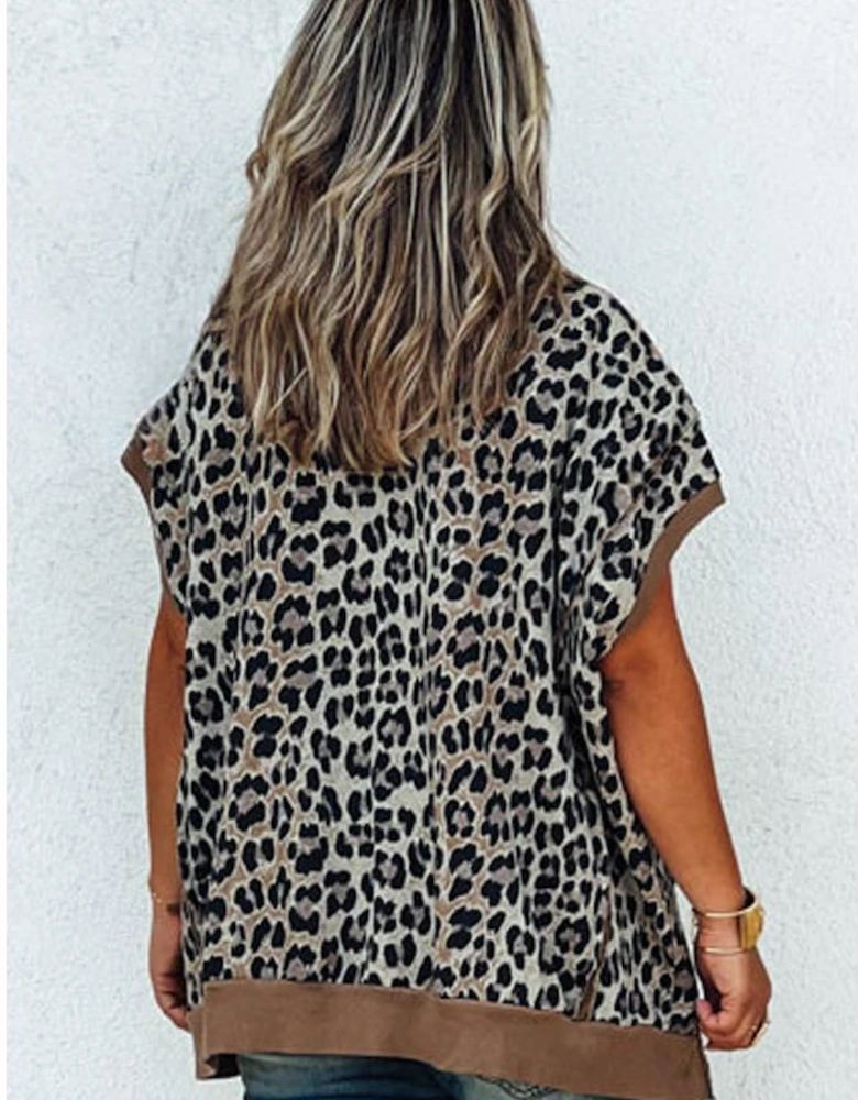 Khaki Leopard Contrast Trim Short Sleeve Loose Plus Size Top