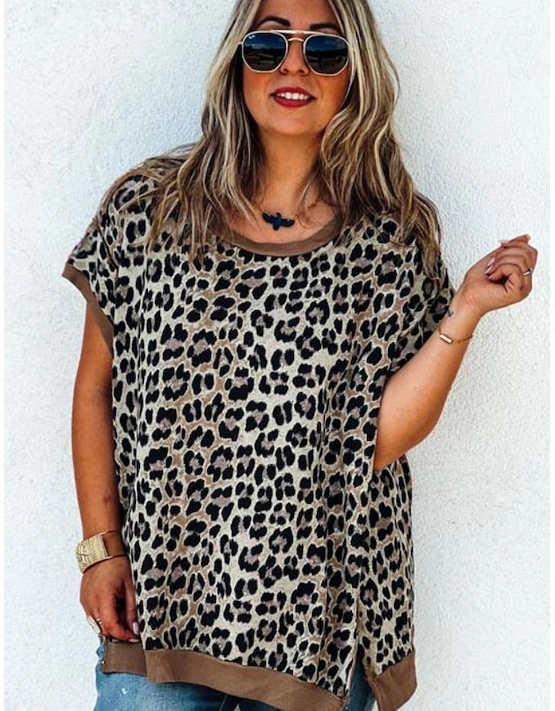 Khaki Leopard Contrast Trim Short Sleeve Loose Plus Size Top