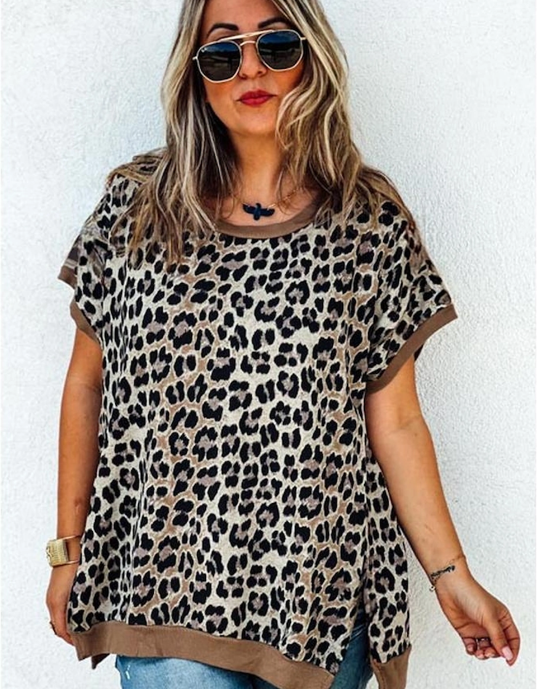 Khaki Leopard Contrast Trim Short Sleeve Loose Plus Size Top