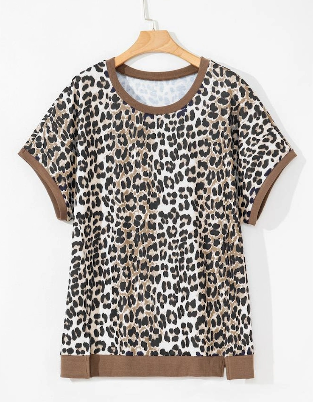 Khaki Leopard Contrast Trim Short Sleeve Loose Plus Size Top