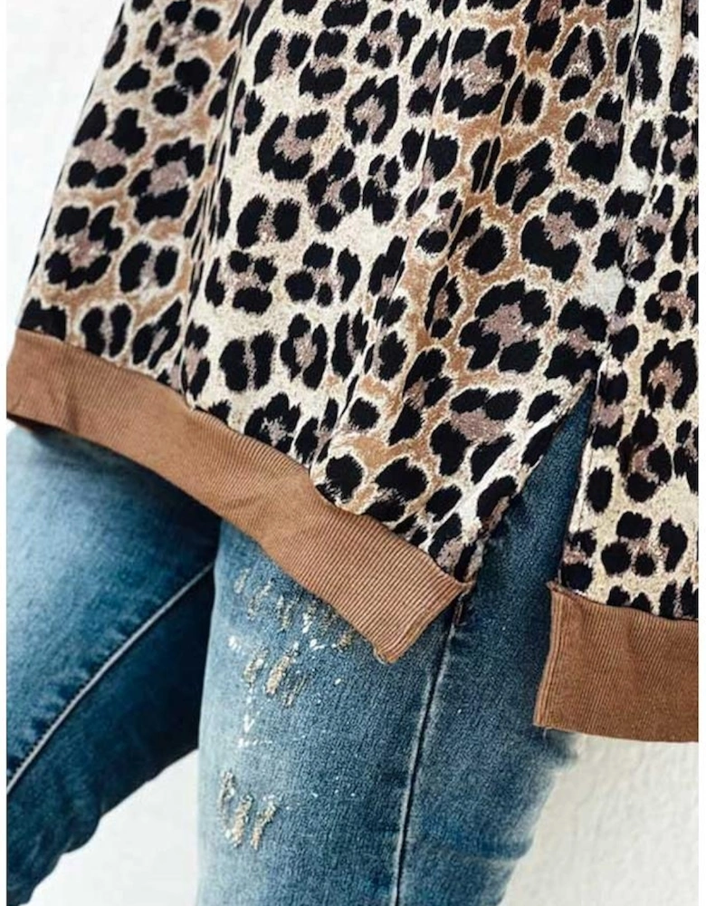 Khaki Leopard Contrast Trim Short Sleeve Loose Plus Size Top