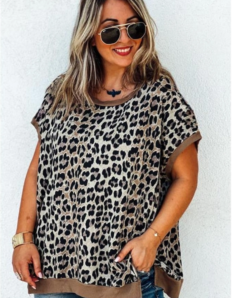 Khaki Leopard Contrast Trim Short Sleeve Loose Plus Size Top