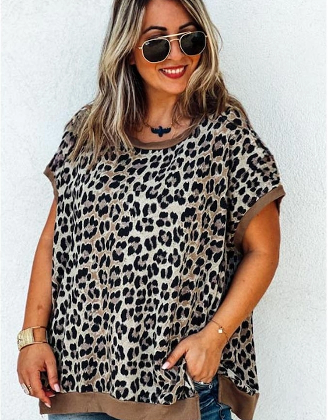 Khaki Leopard Contrast Trim Short Sleeve Loose Plus Size Top