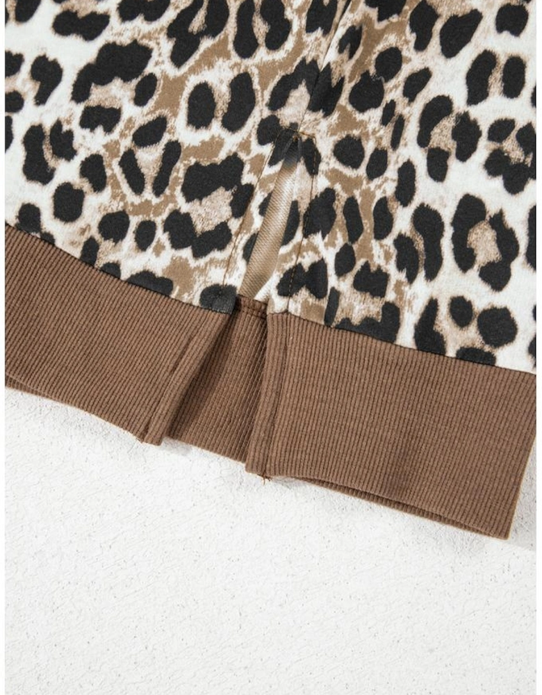 Khaki Leopard Contrast Trim Short Sleeve Loose Plus Size Top