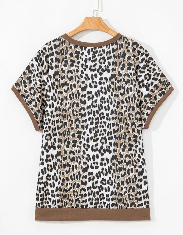Khaki Leopard Contrast Trim Short Sleeve Loose Plus Size Top
