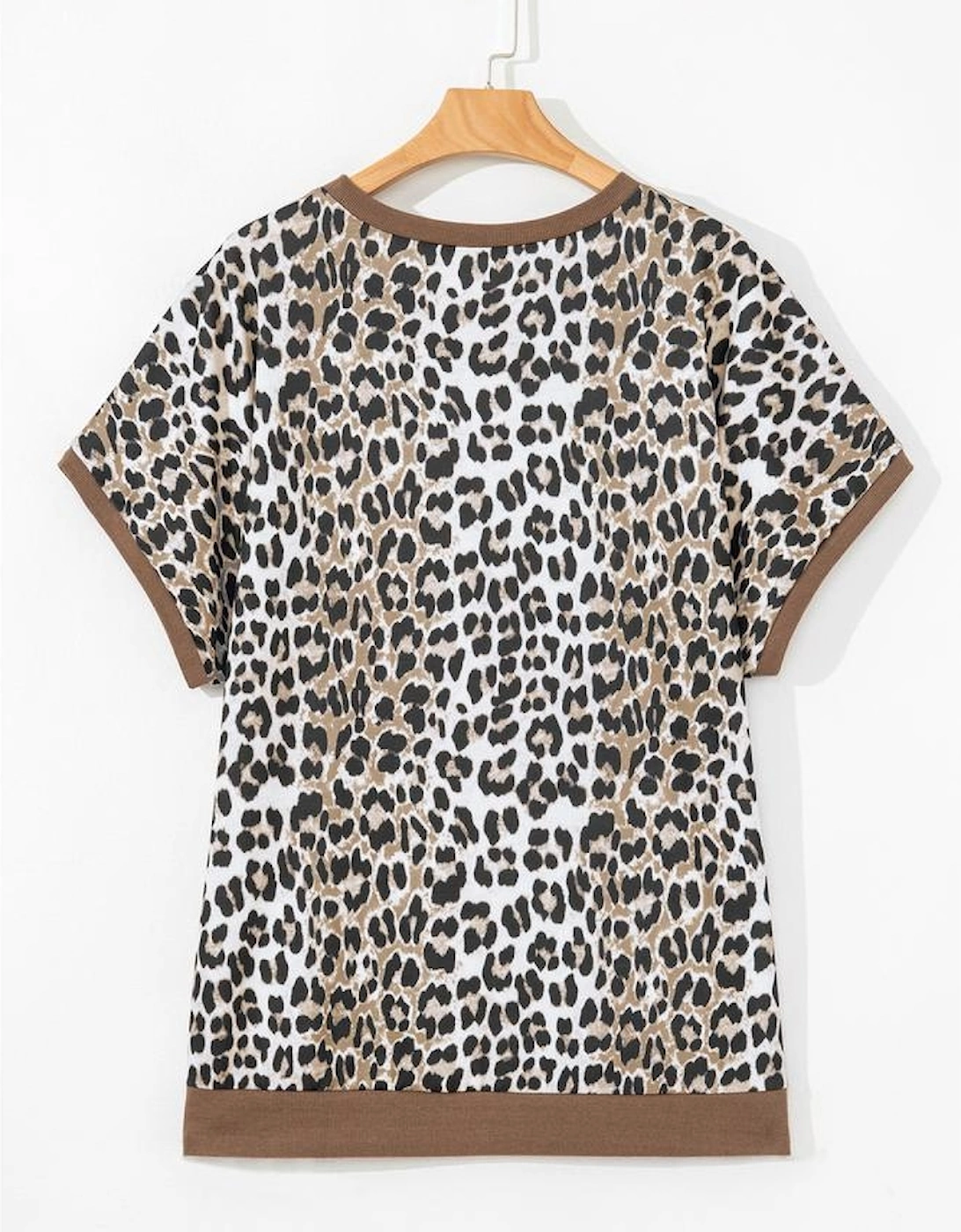 Khaki Leopard Contrast Trim Short Sleeve Loose Plus Size Top