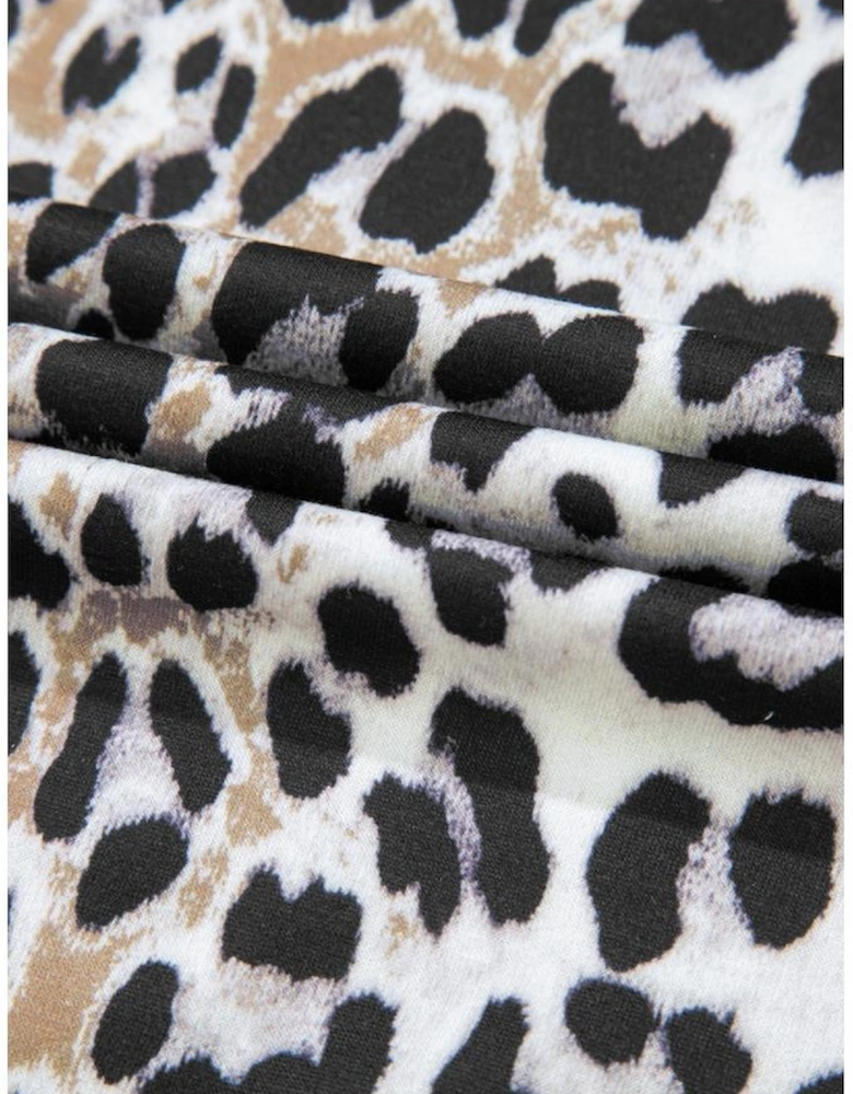 Khaki Leopard Contrast Trim Short Sleeve Loose Plus Size Top