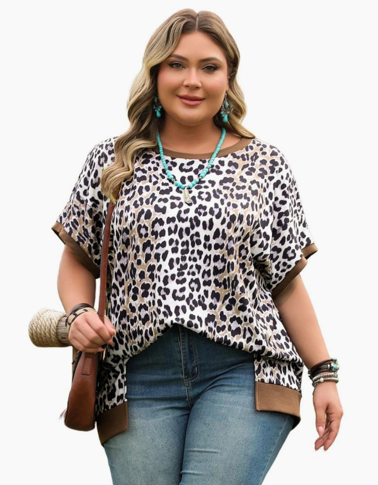 Khaki Leopard Contrast Trim Short Sleeve Loose Plus Size Top