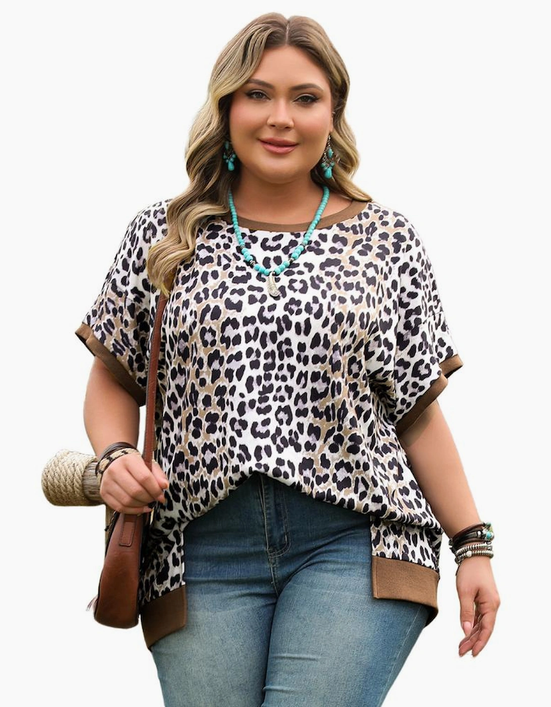 Khaki Leopard Contrast Trim Short Sleeve Loose Plus Size Top