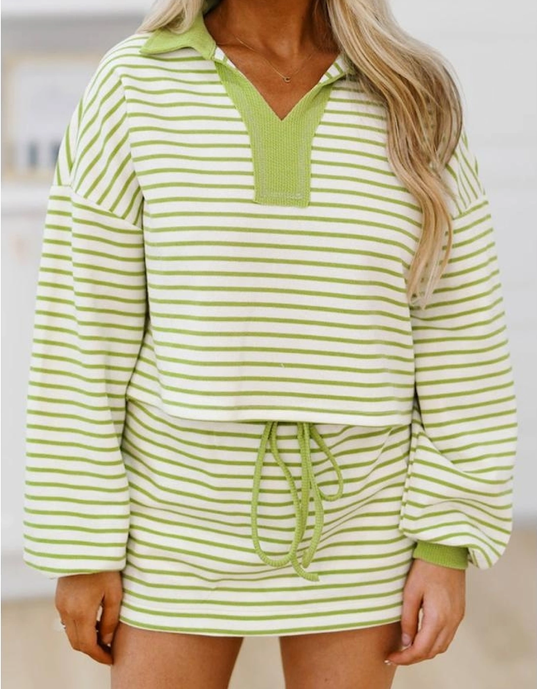 Green Stripe Collared V Neck Drop Shoulder Pullover and Skort 2pcs Outfit