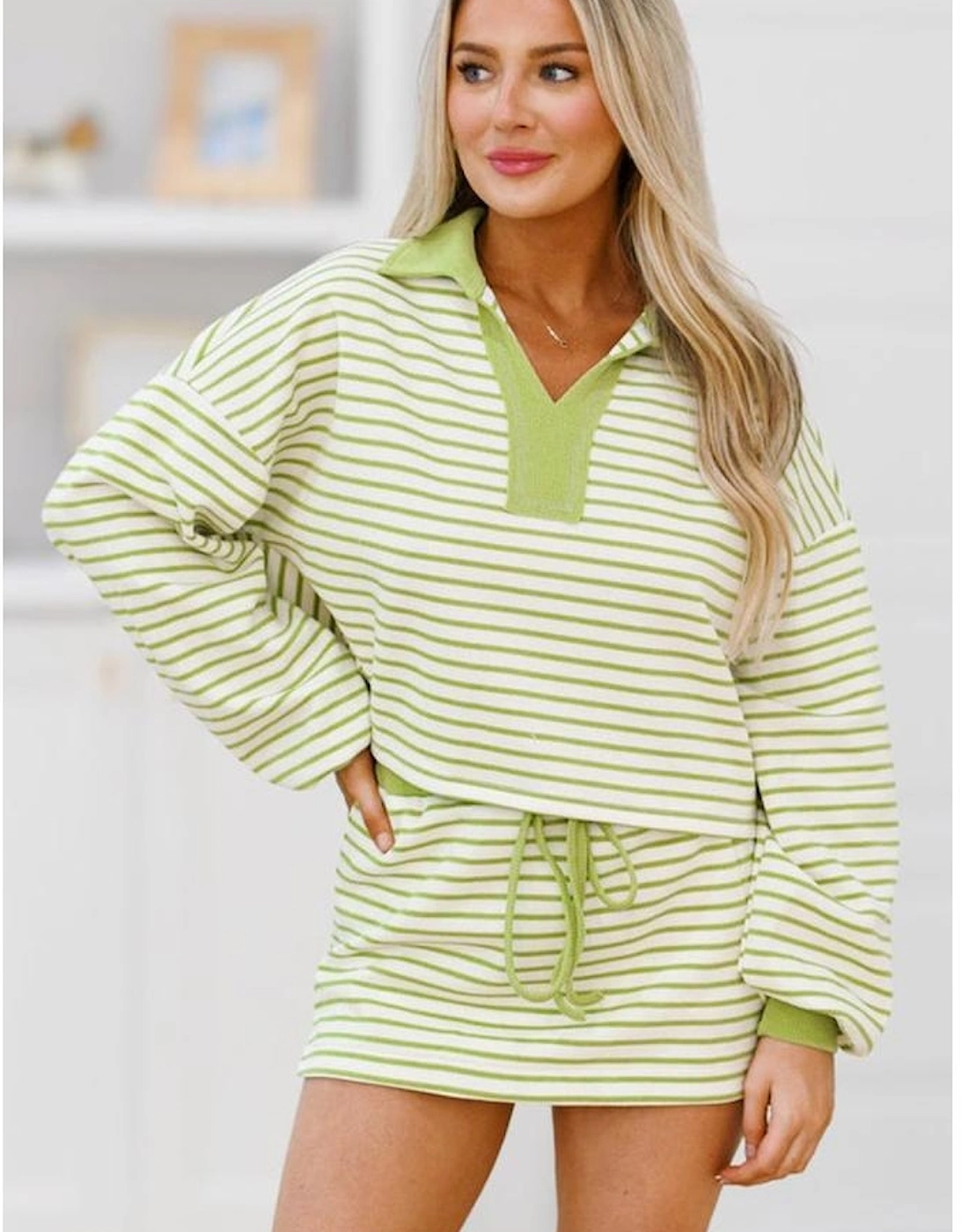 Green Stripe Collared V Neck Drop Shoulder Pullover and Skort 2pcs Outfit