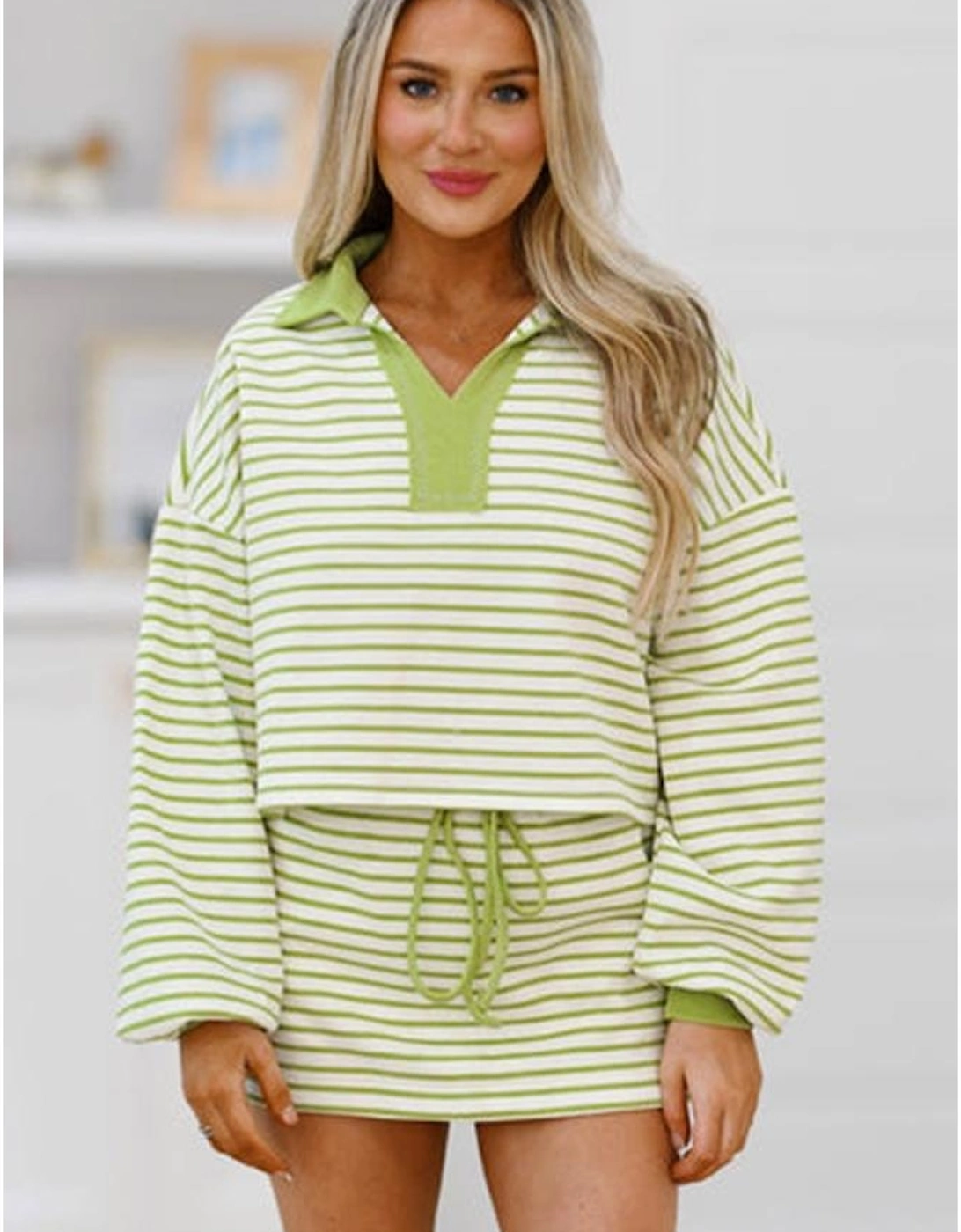Green Stripe Collared V Neck Drop Shoulder Pullover and Skort 2pcs Outfit