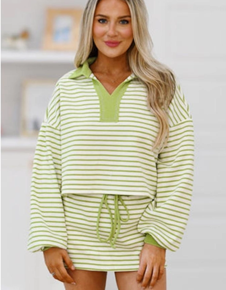 Green Stripe Collared V Neck Drop Shoulder Pullover and Skort 2pcs Outfit
