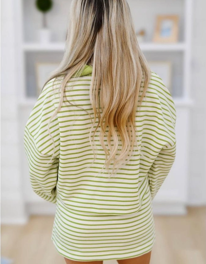 Green Stripe Collared V Neck Drop Shoulder Pullover and Skort 2pcs Outfit