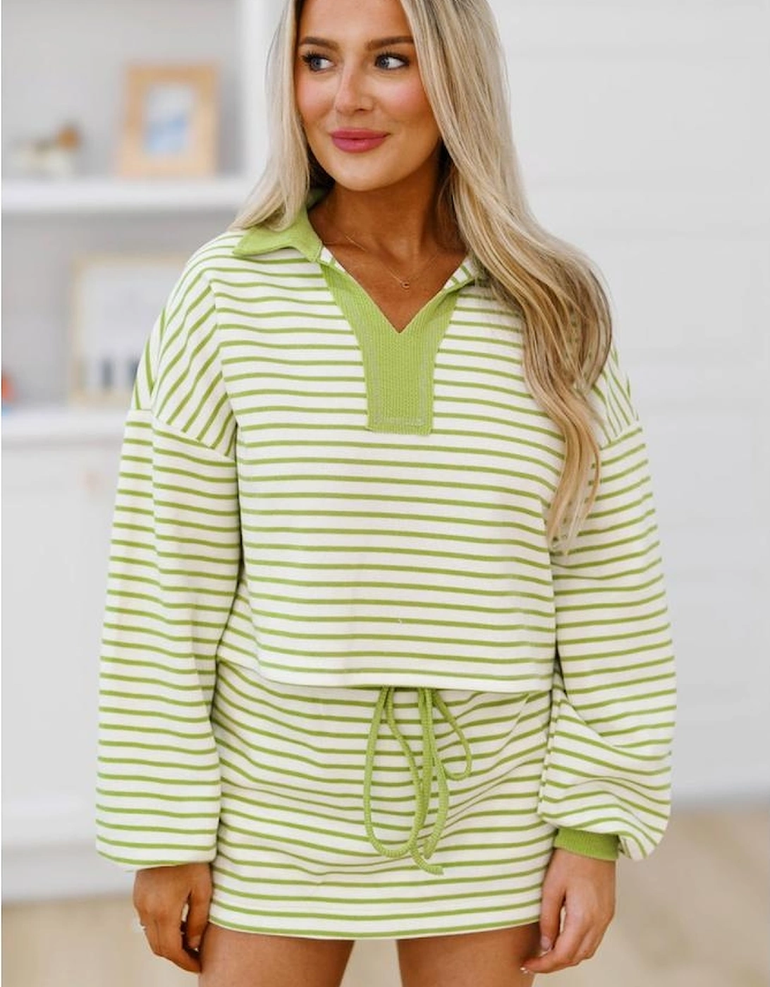 Green Stripe Collared V Neck Drop Shoulder Pullover and Skort 2pcs Outfit