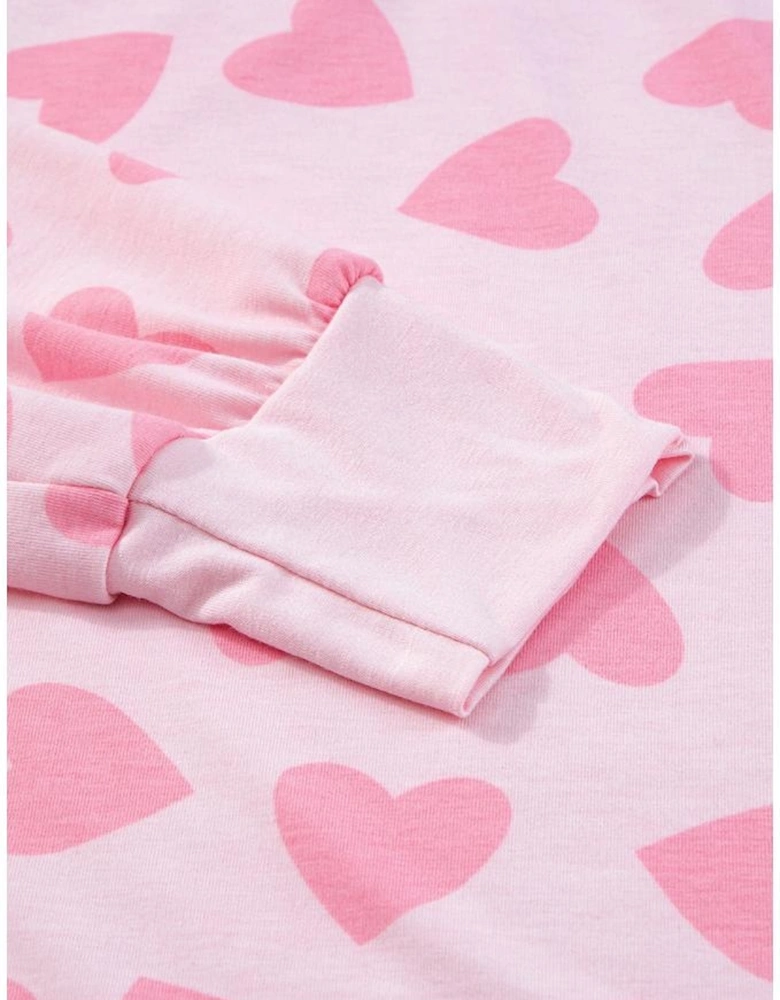 Pink Valentine Heart Shape Print Long Sleeve Top Shorts Lounge Set
