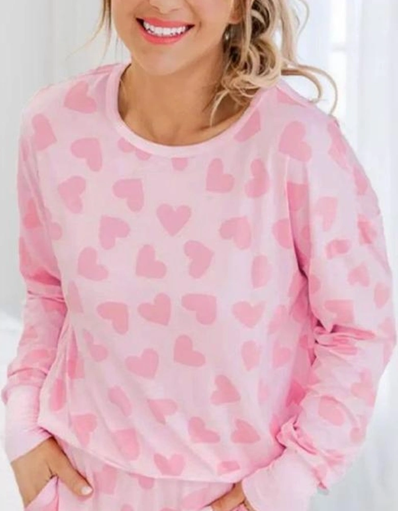 Pink Valentine Heart Shape Print Long Sleeve Top Shorts Lounge Set