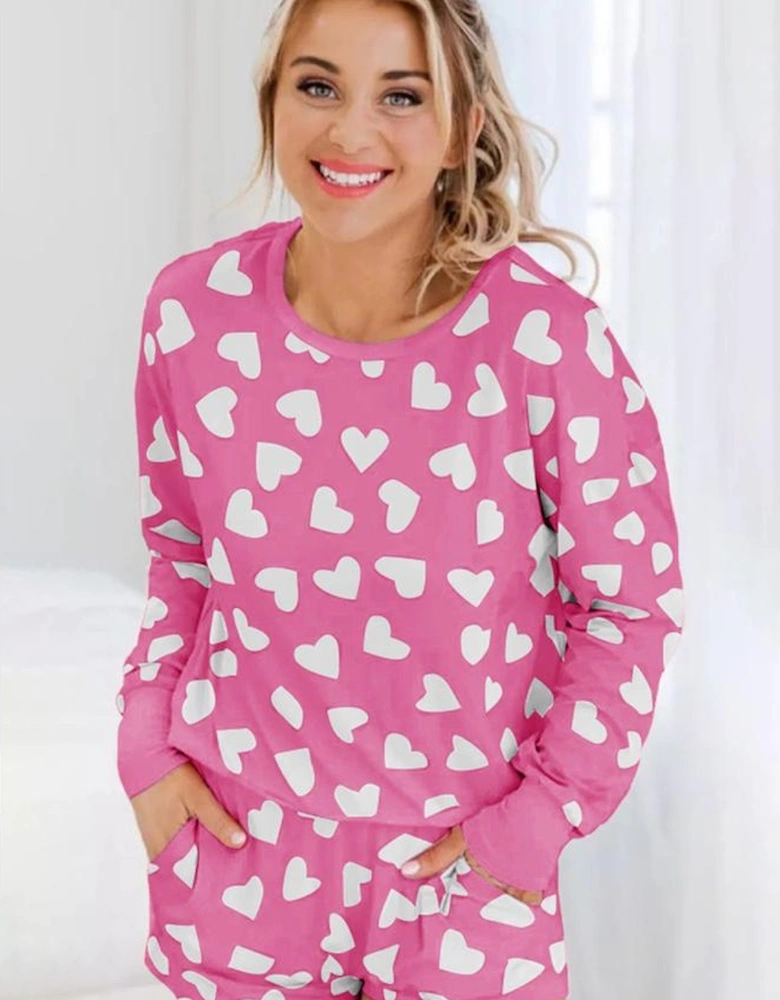 Pink Valentine Heart Shape Print Long Sleeve Top Shorts Lounge Set