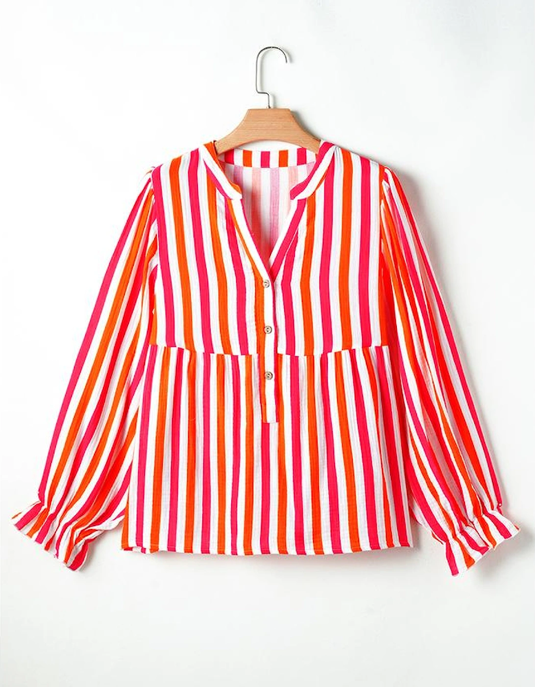 Orange Stripe Balloon Sleeve Notched V Neck Buttoned Front Blouse, 12 of 11
