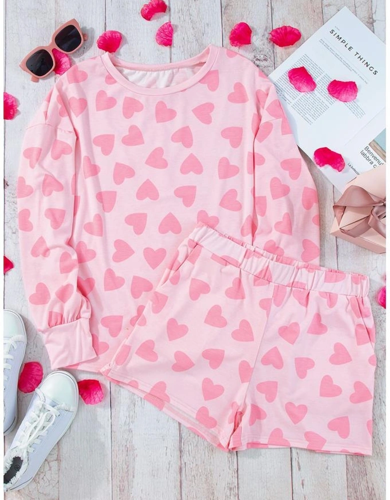 Pink Valentine Heart Shape Print Long Sleeve Top Shorts Lounge Set