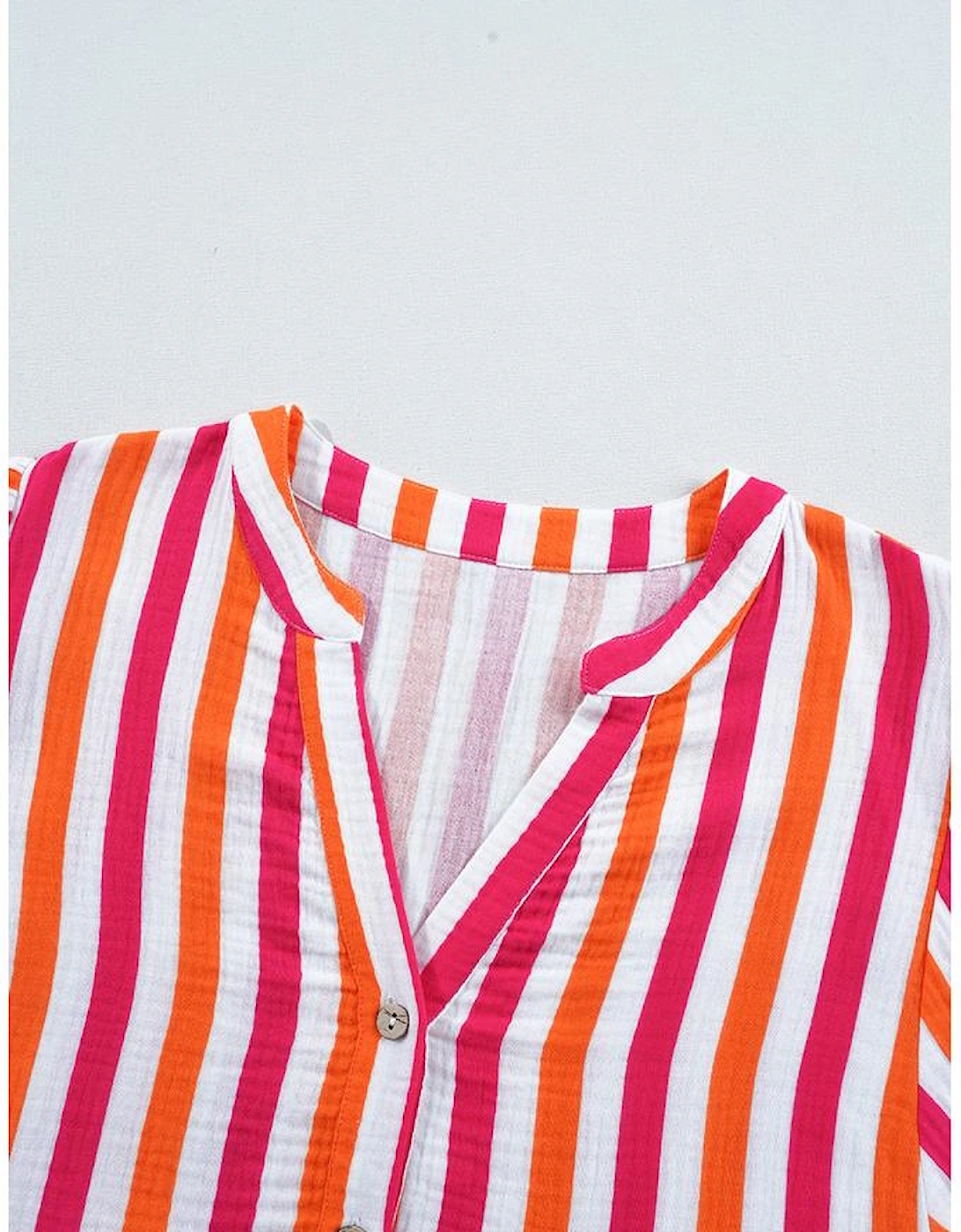 Orange Stripe Balloon Sleeve Notched V Neck Buttoned Front Blouse
