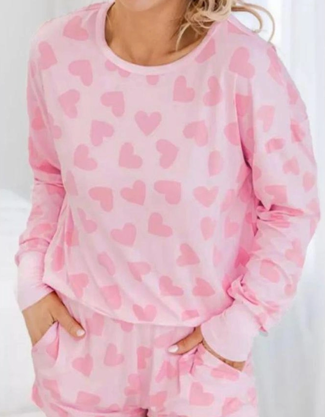 Pink Valentine Heart Shape Print Long Sleeve Top Shorts Lounge Set