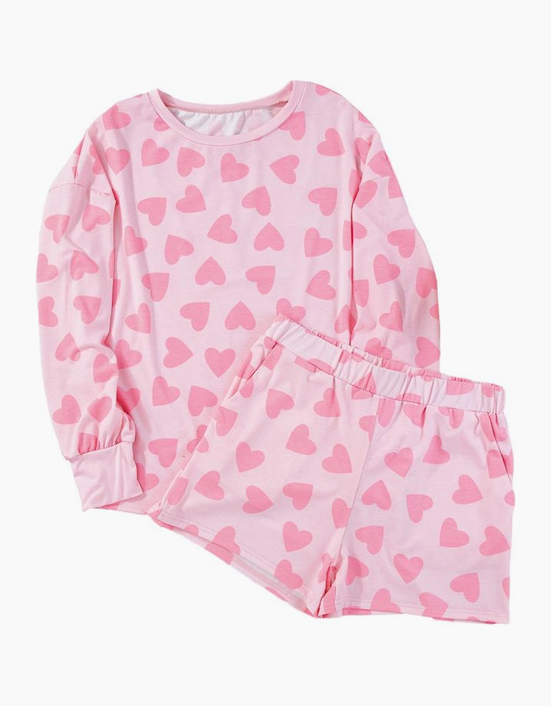 Pink Valentine Heart Shape Print Long Sleeve Top Shorts Lounge Set