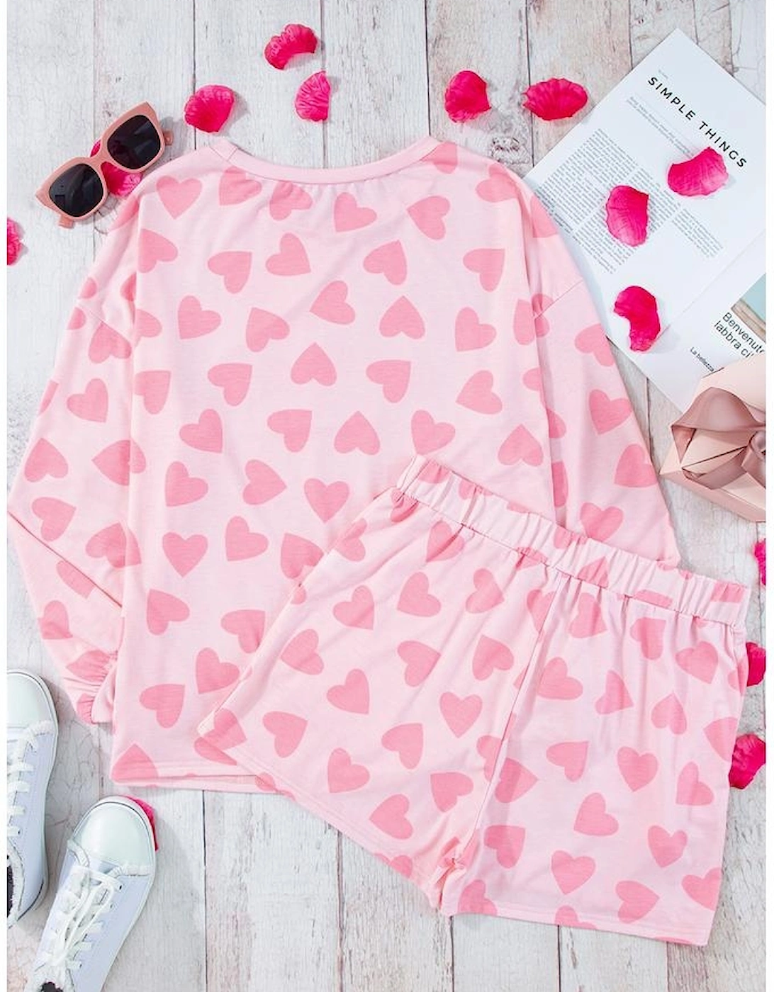 Pink Valentine Heart Shape Print Long Sleeve Top Shorts Lounge Set