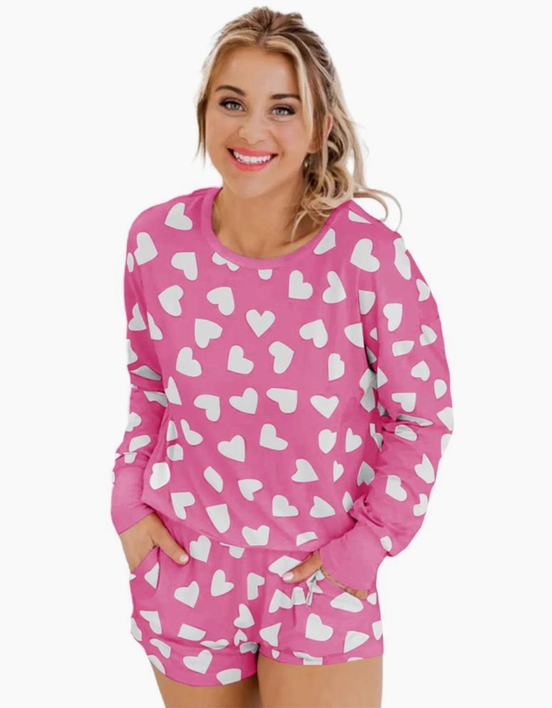 Pink Valentine Heart Shape Print Long Sleeve Top Shorts Lounge Set
