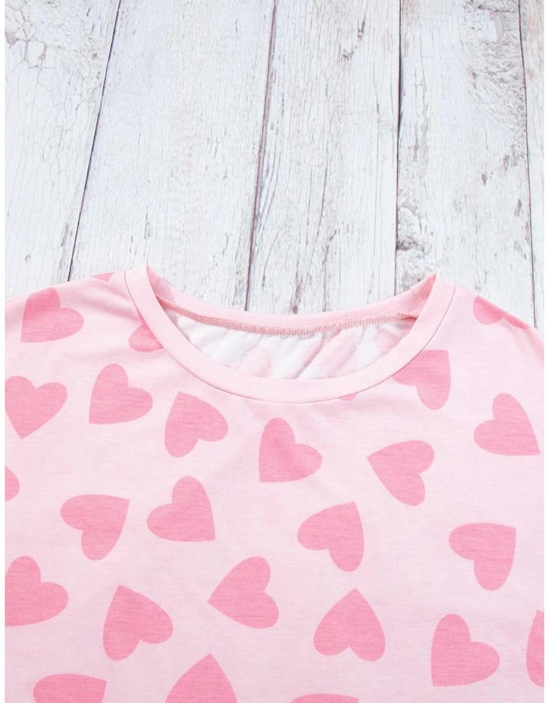 Pink Valentine Heart Shape Print Long Sleeve Top Shorts Lounge Set