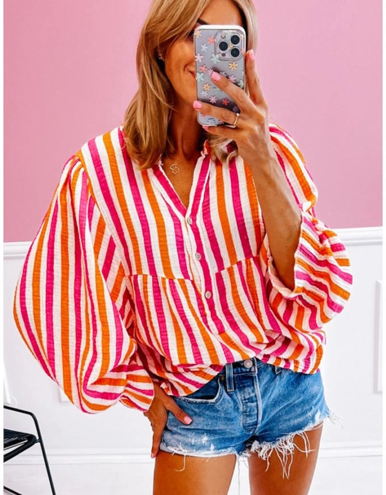 Orange Stripe Balloon Sleeve Notched V Neck Buttoned Front Blouse