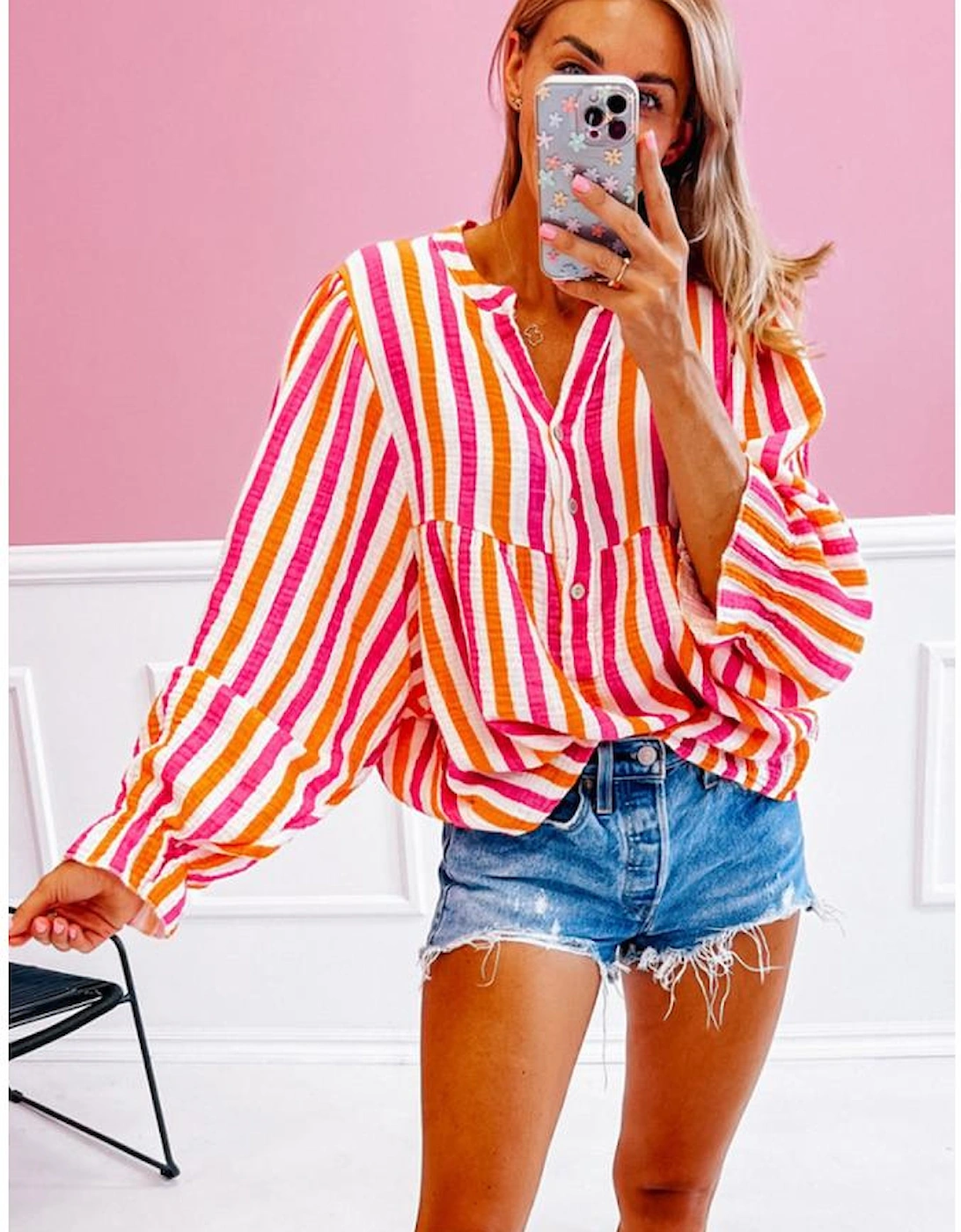 Orange Stripe Balloon Sleeve Notched V Neck Buttoned Front Blouse
