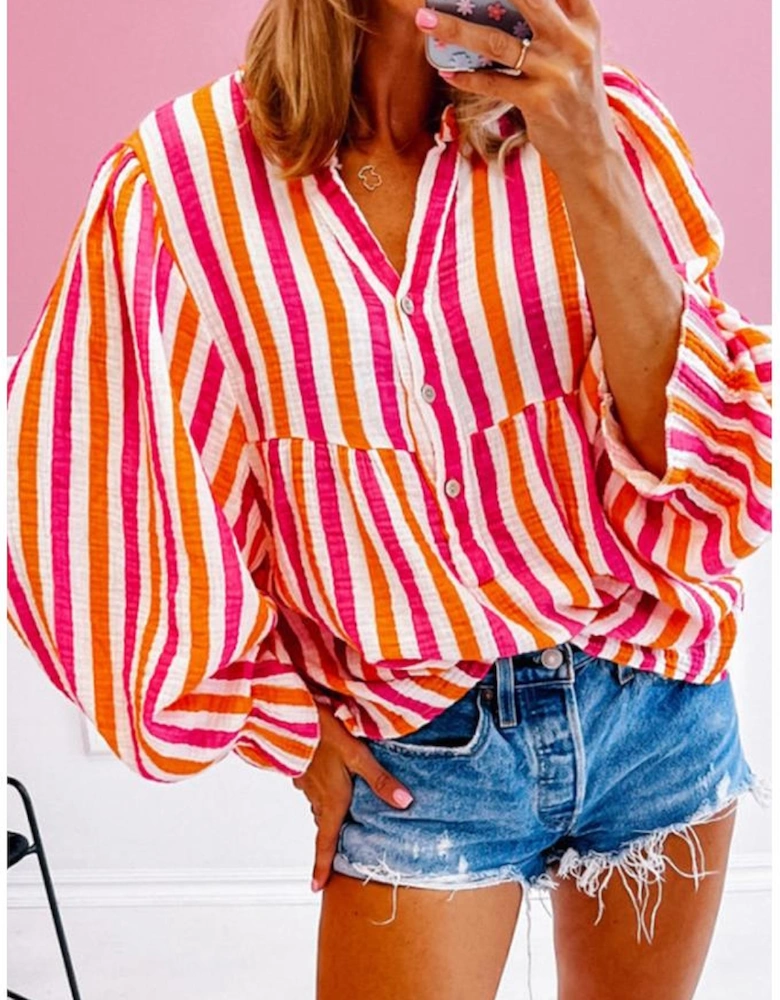 Orange Stripe Balloon Sleeve Notched V Neck Buttoned Front Blouse