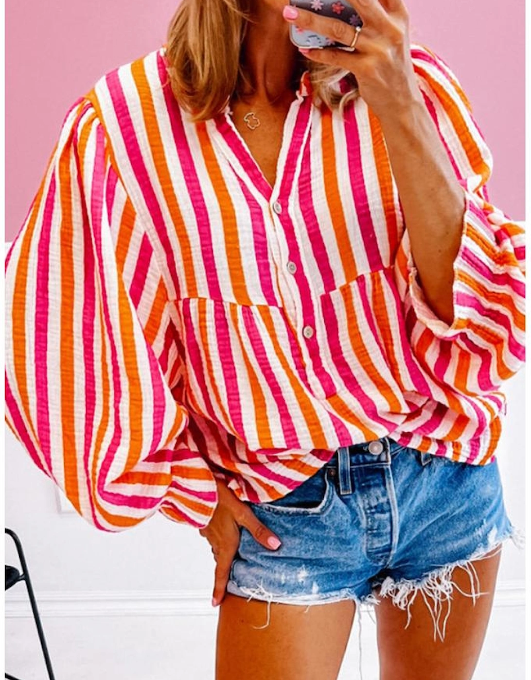 Orange Stripe Balloon Sleeve Notched V Neck Buttoned Front Blouse