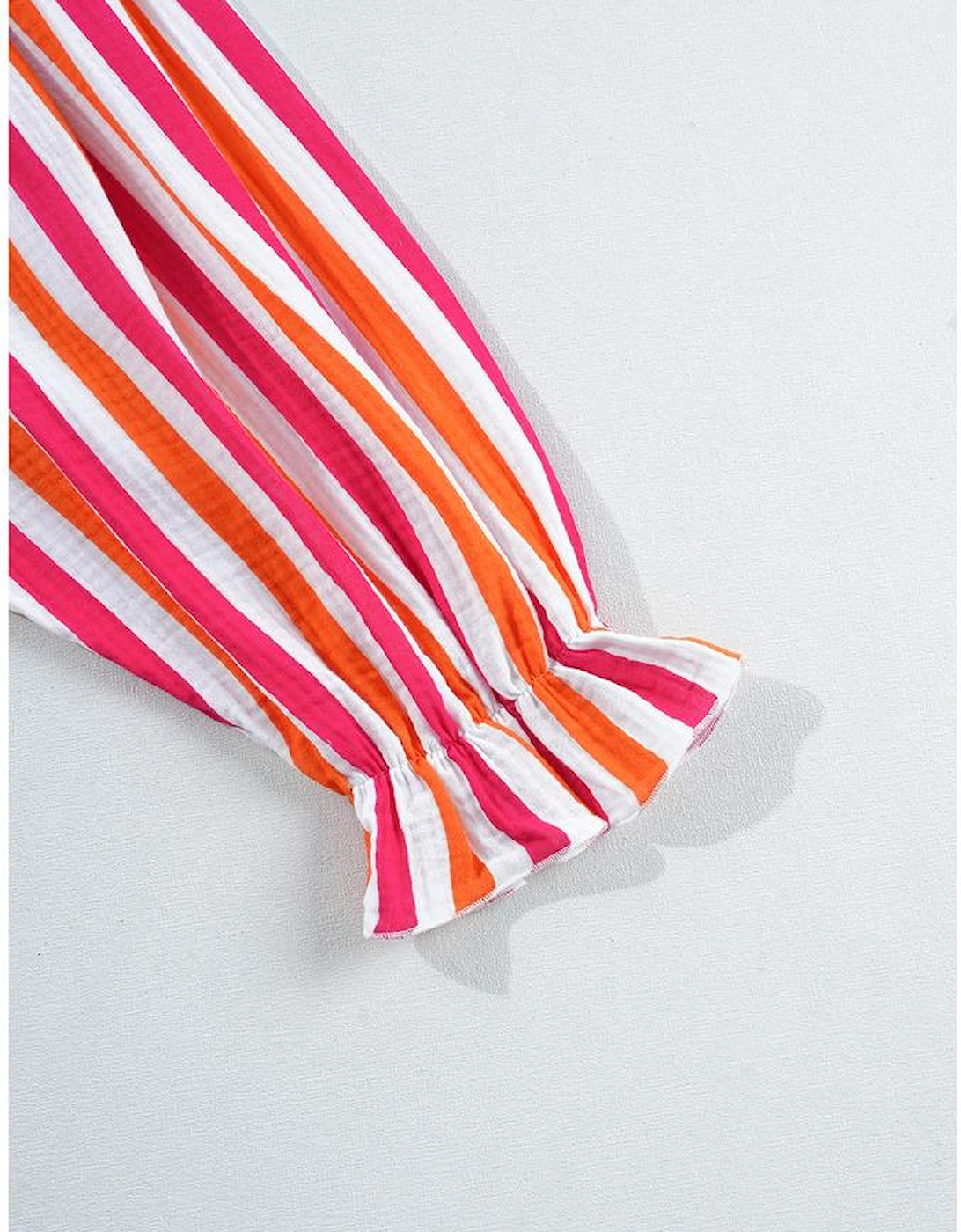 Orange Stripe Balloon Sleeve Notched V Neck Buttoned Front Blouse