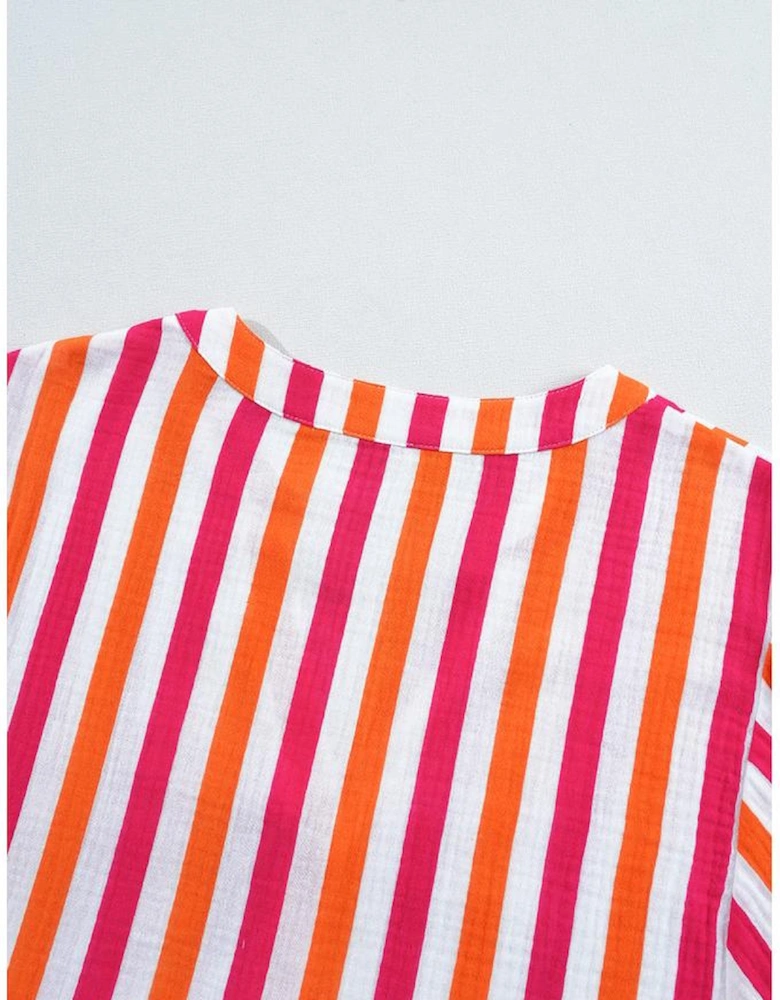 Orange Stripe Balloon Sleeve Notched V Neck Buttoned Front Blouse