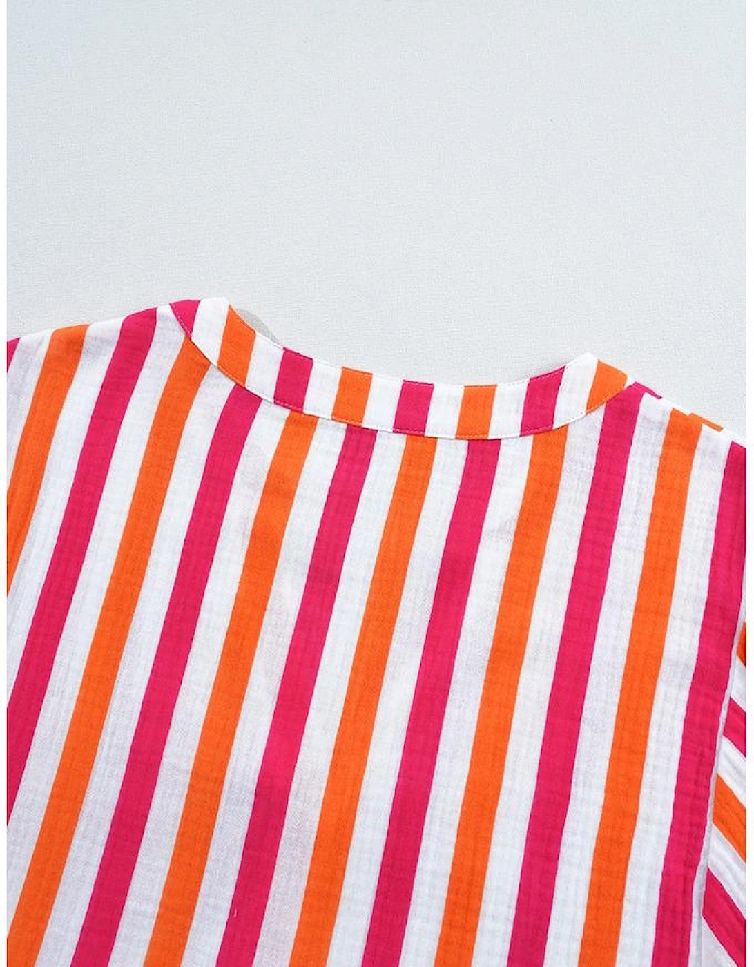 Orange Stripe Balloon Sleeve Notched V Neck Buttoned Front Blouse