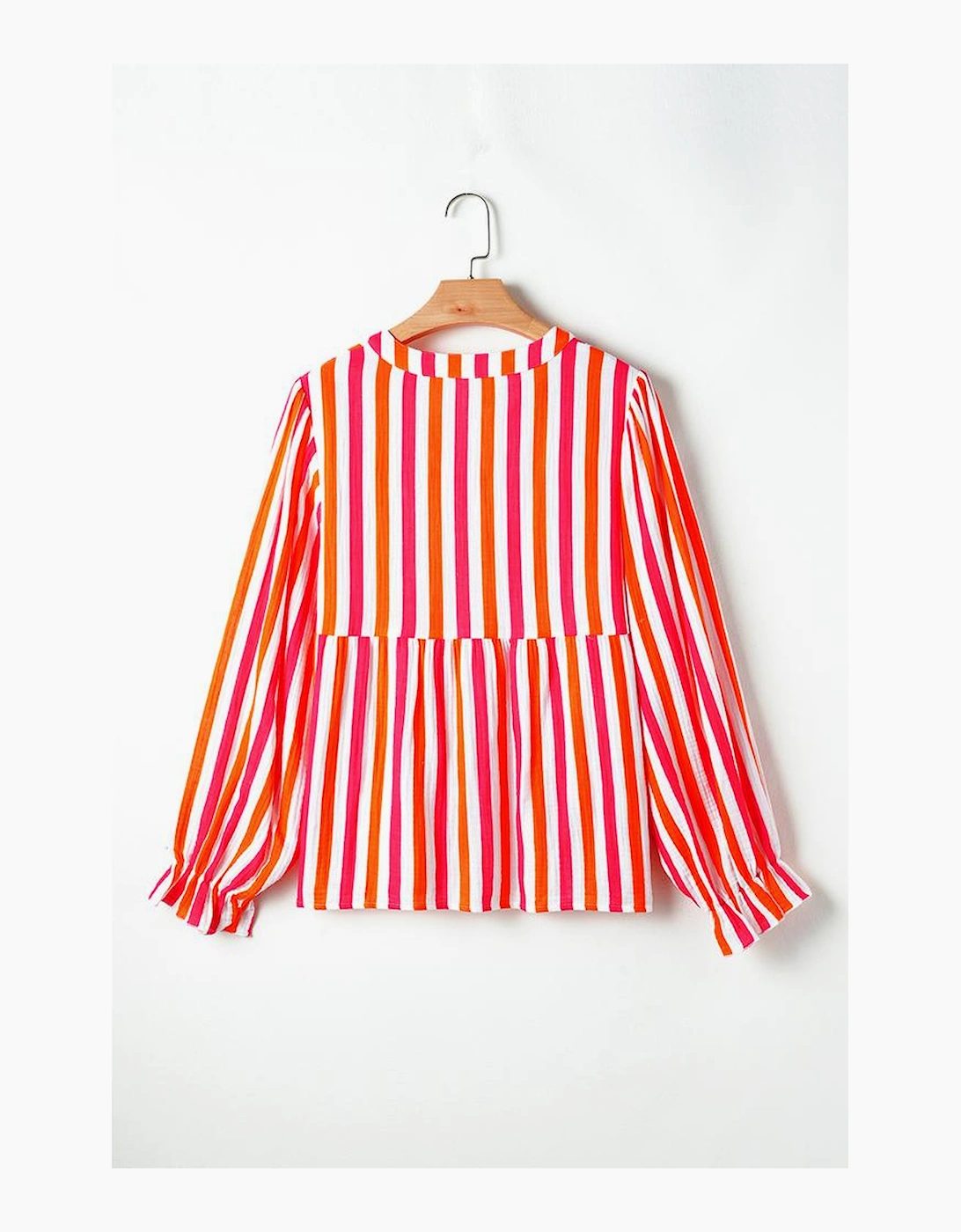 Orange Stripe Balloon Sleeve Notched V Neck Buttoned Front Blouse