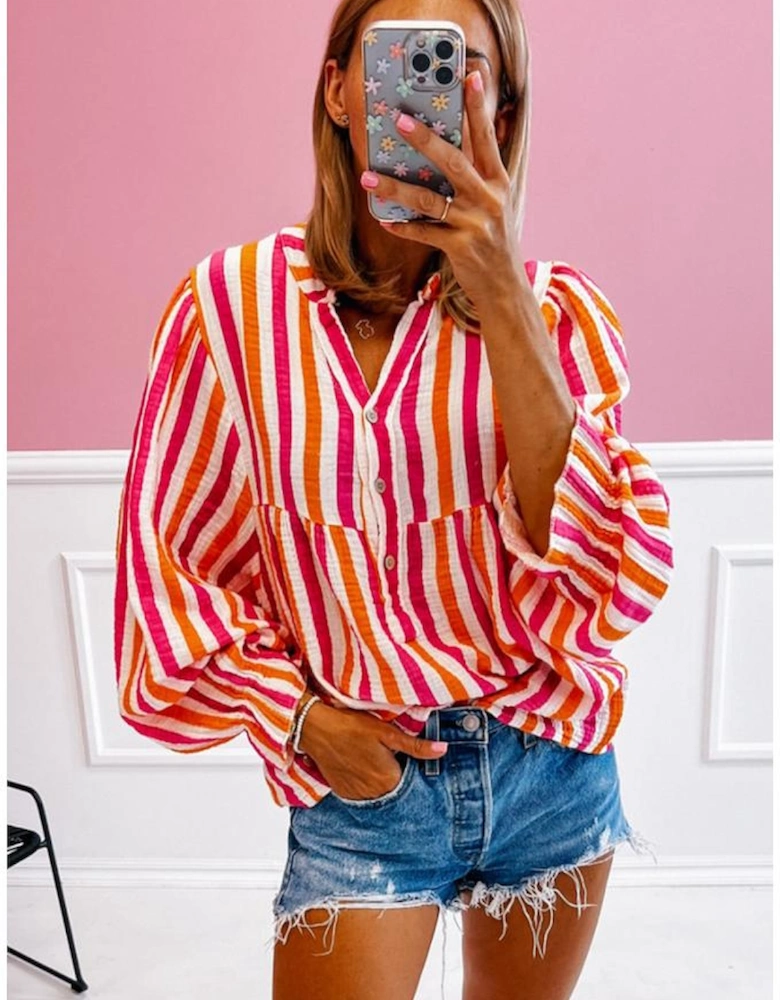 Orange Stripe Balloon Sleeve Notched V Neck Buttoned Front Blouse