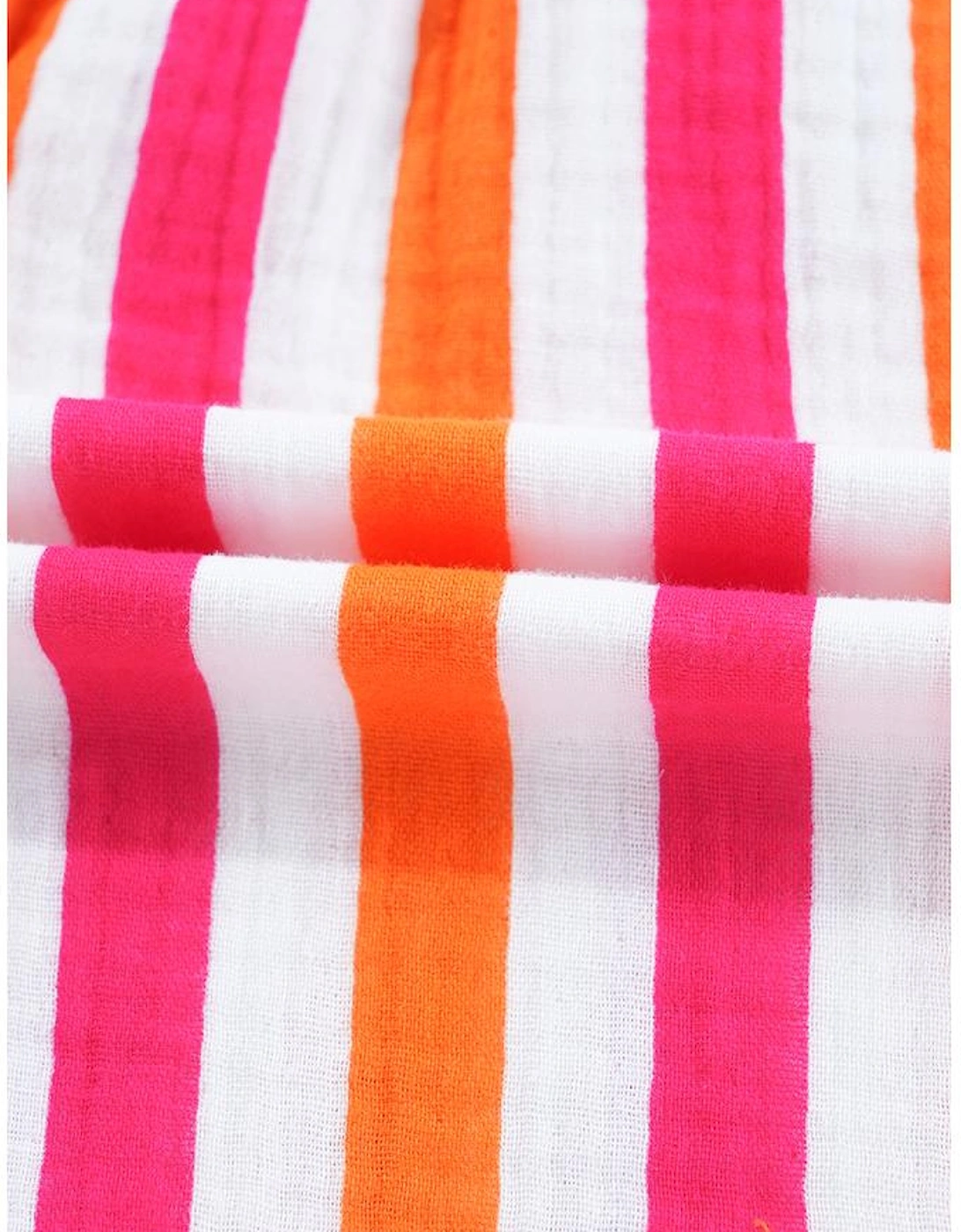 Orange Stripe Balloon Sleeve Notched V Neck Buttoned Front Blouse