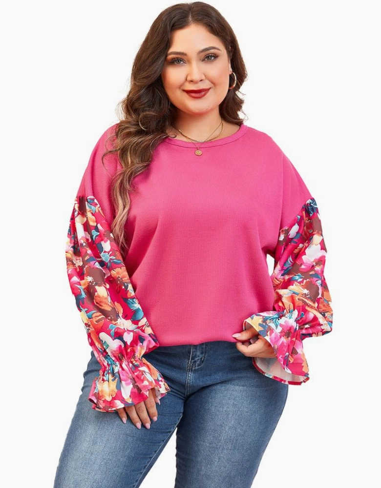 Bright Pink Floral Patchwork Flounce Sleeve Rib Knit Plus Top
