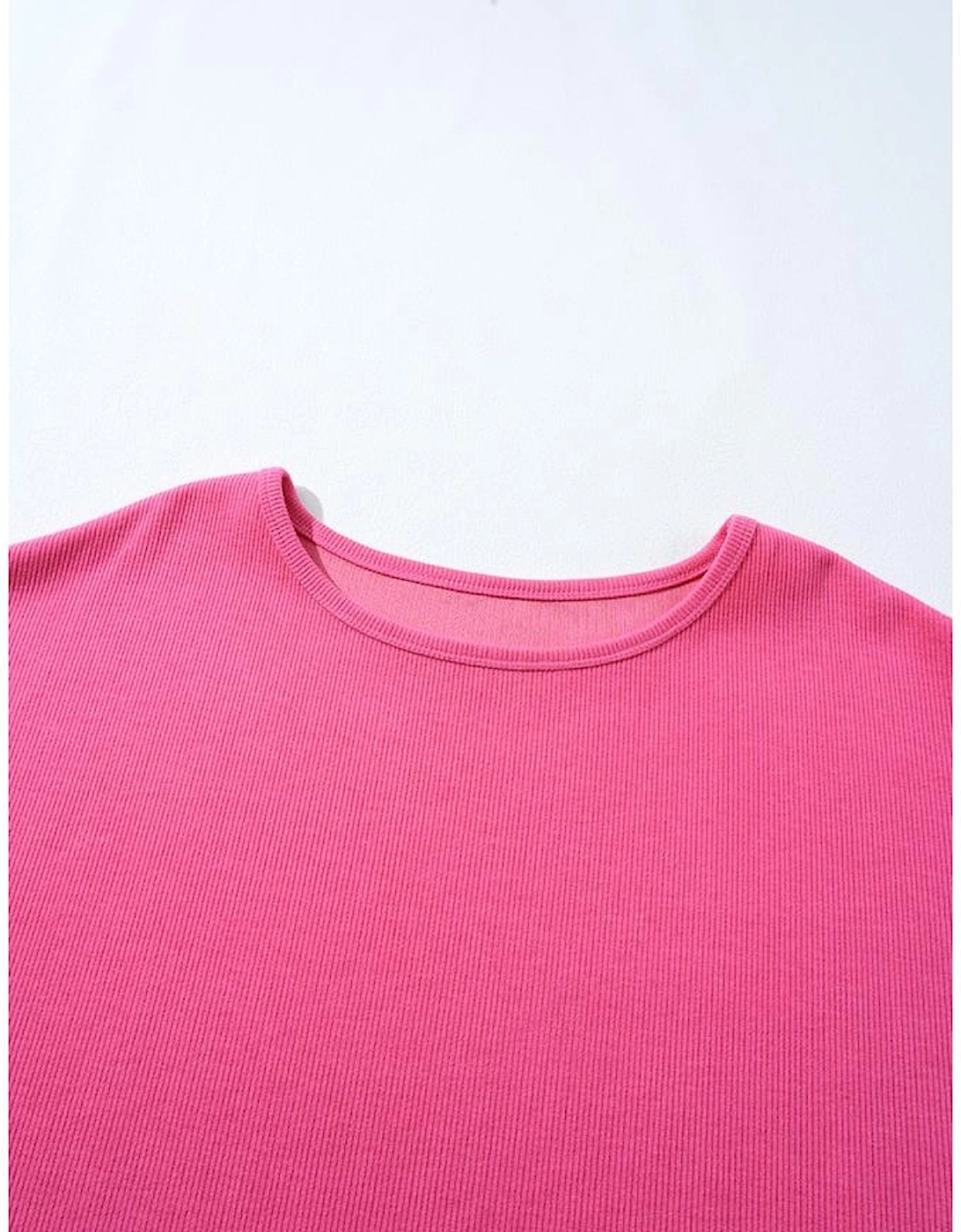 Bright Pink Floral Patchwork Flounce Sleeve Rib Knit Plus Top