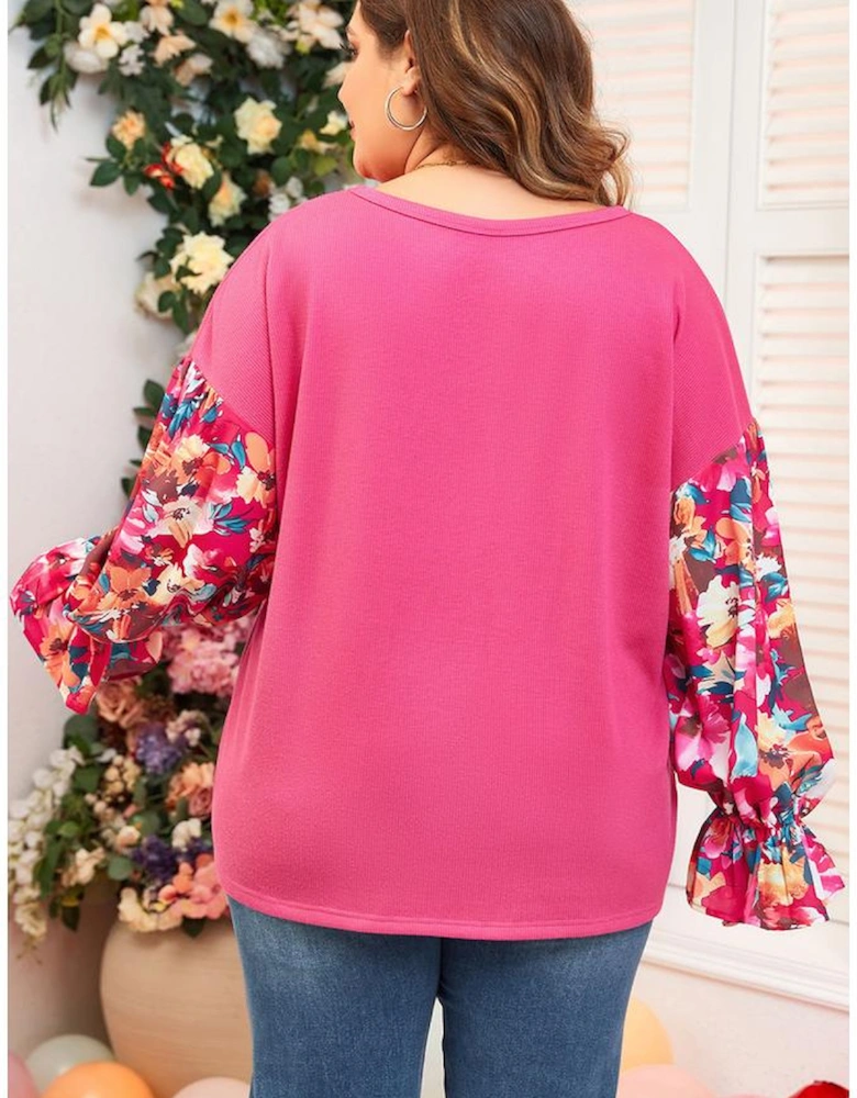 Bright Pink Floral Patchwork Flounce Sleeve Rib Knit Plus Top