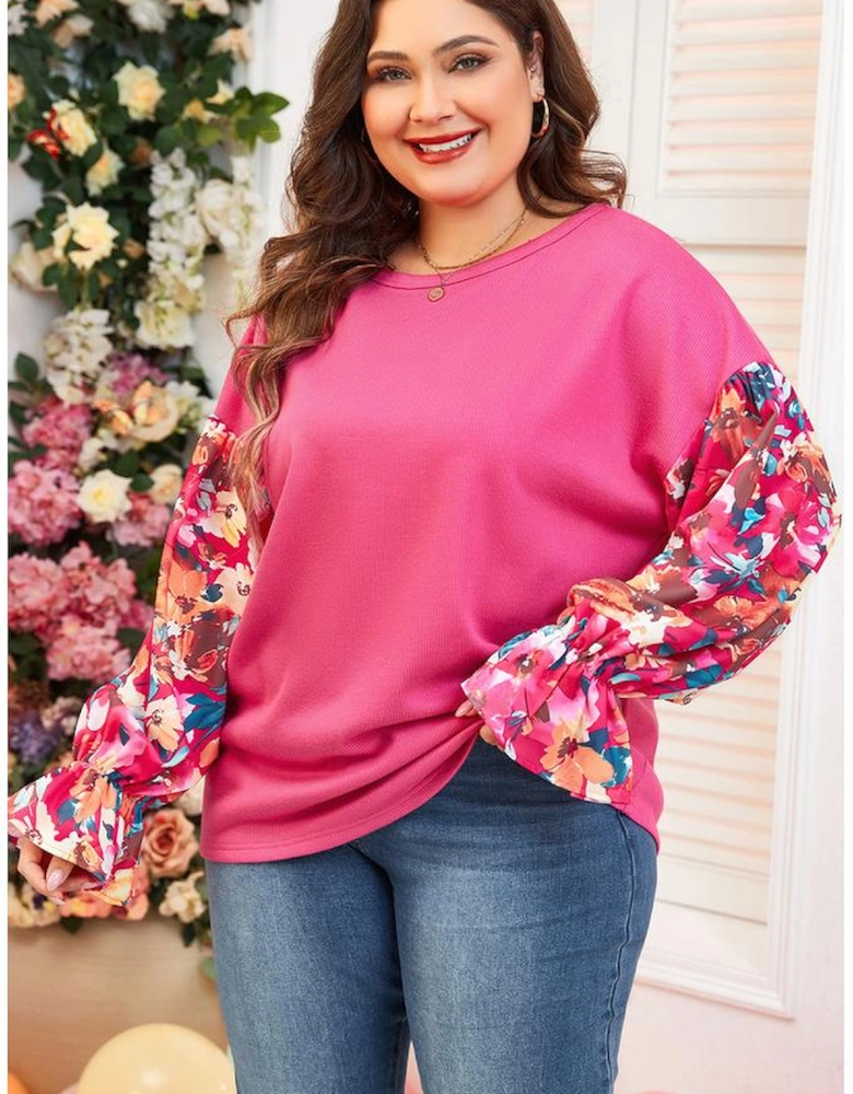 Bright Pink Floral Patchwork Flounce Sleeve Rib Knit Plus Top