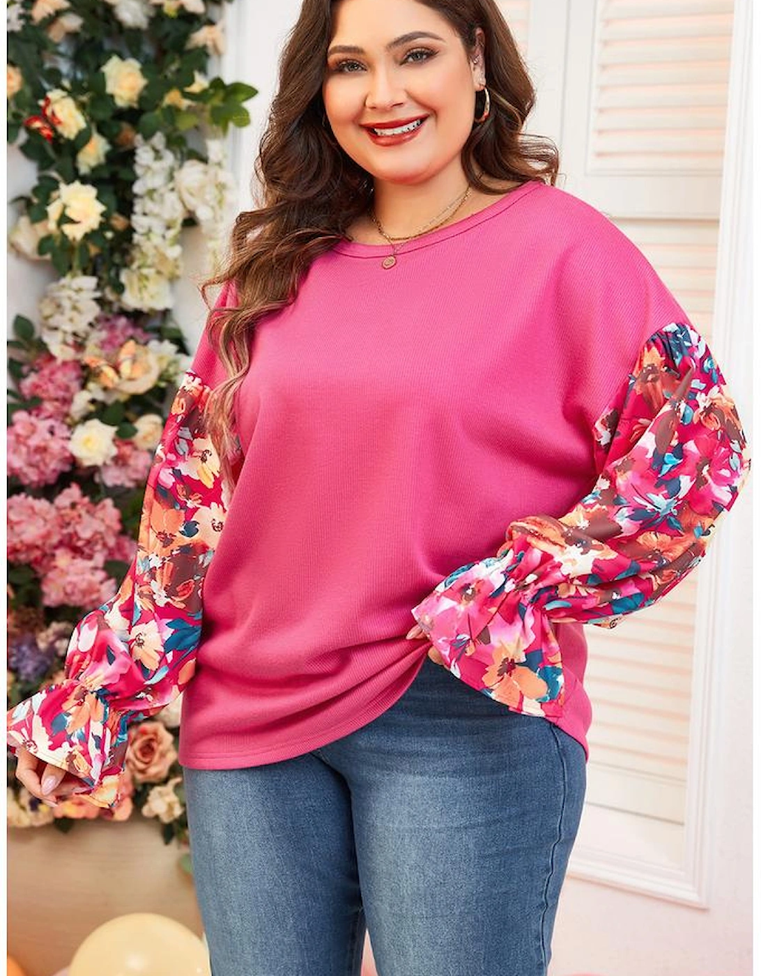 Bright Pink Floral Patchwork Flounce Sleeve Rib Knit Plus Top
